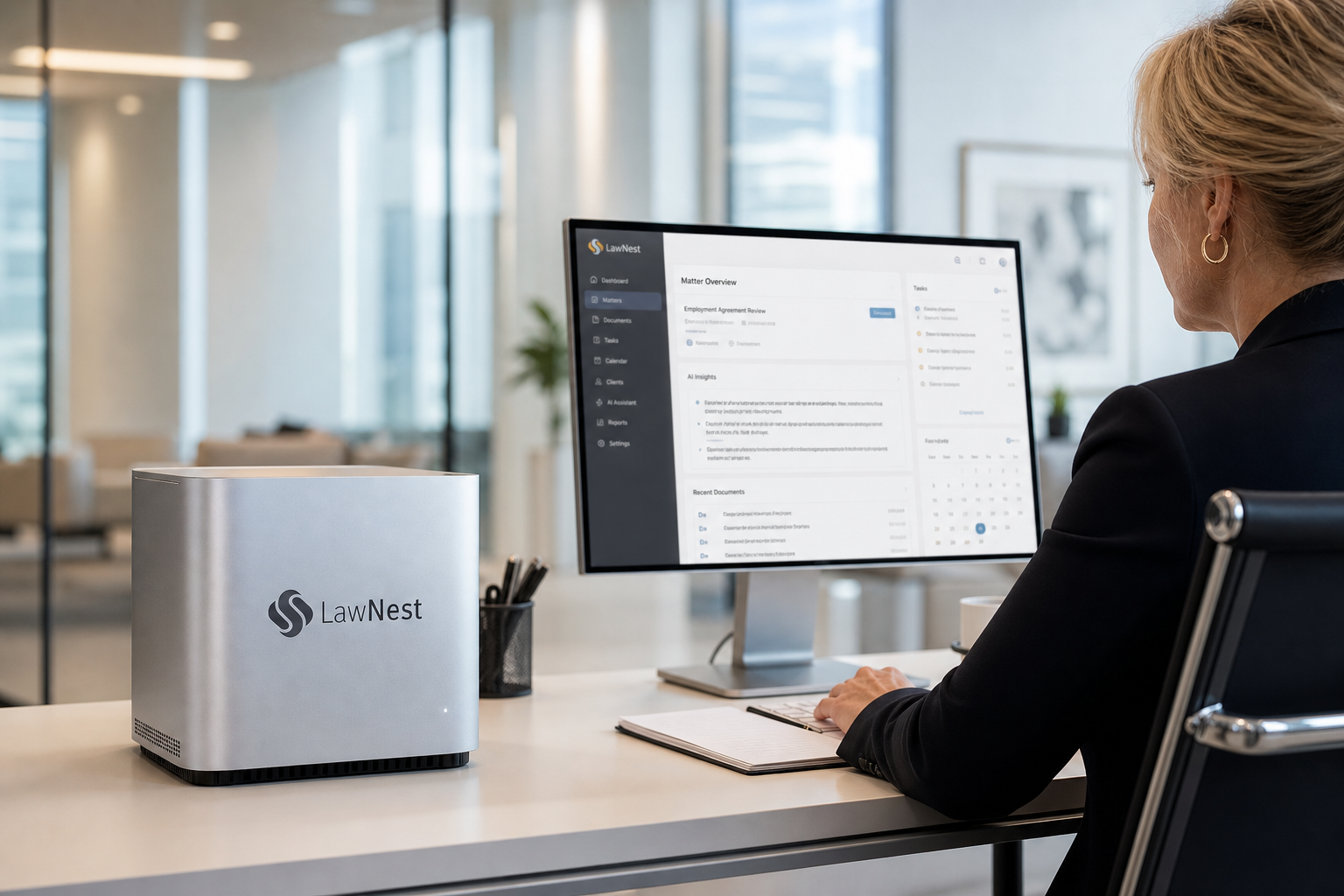 LawNest KI-Server im Kanzleibüro neben einem Bildschirm mit der LawNest-Anwendung